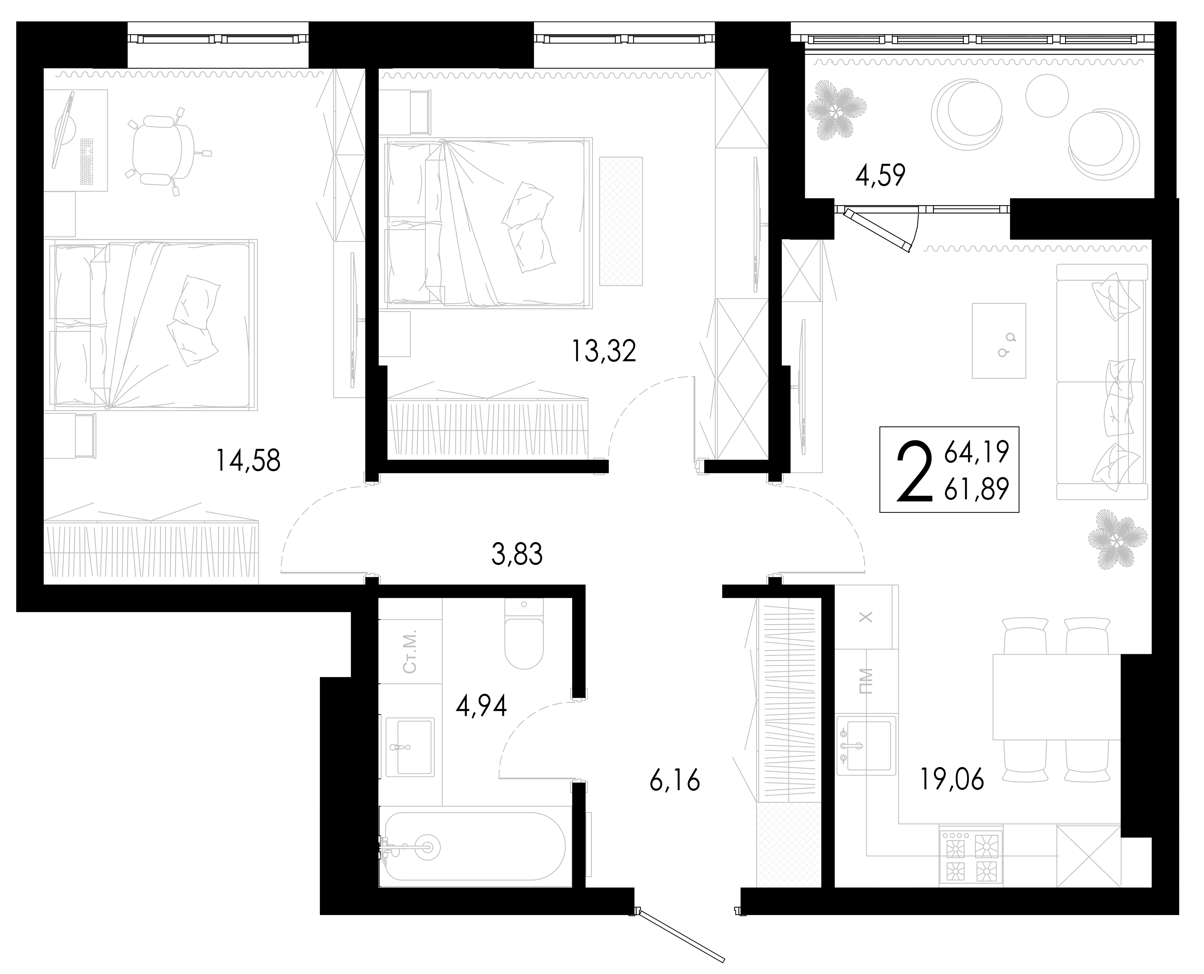 Планировка 2-комнатной квартиры №83, 64.19 м², дом Дом 4, ЖК «Цветной бульвар»