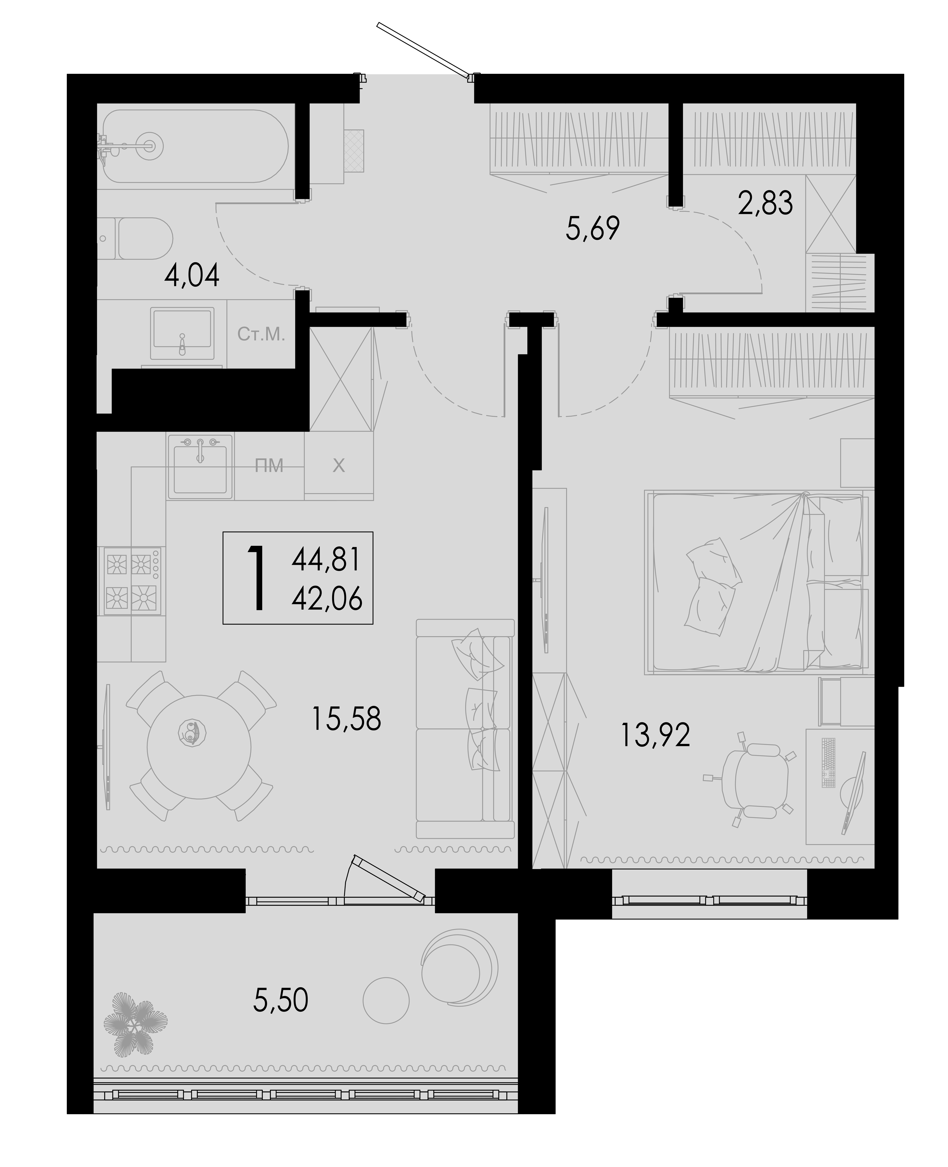 Планировка 1-комнатной квартиры №80, 44.81 м², дом Дом 4, ЖК «Цветной бульвар»