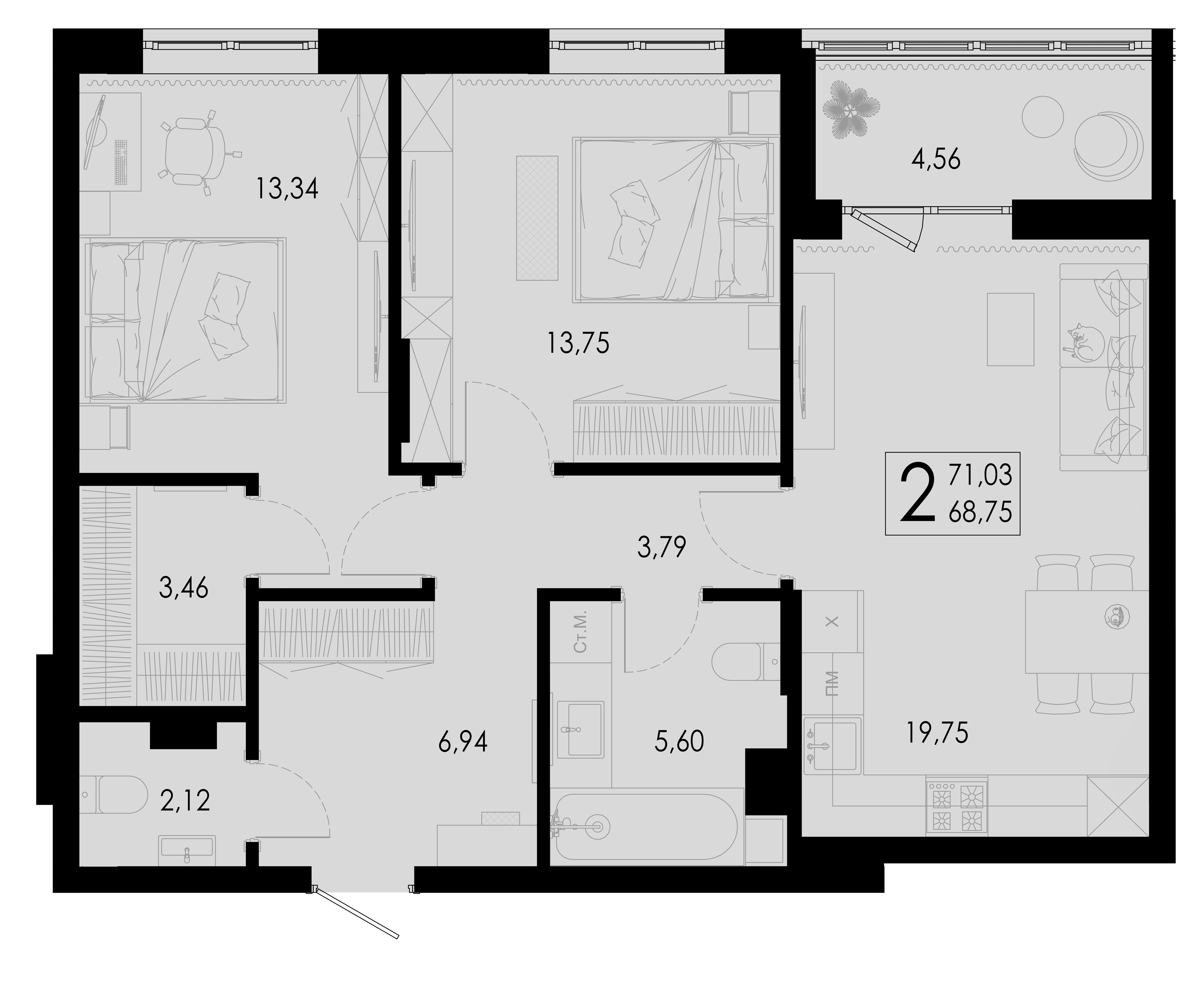 Планировка 2-комнатной квартиры №91, 71.03 м², дом Дом 4, ЖК «Цветной бульвар»