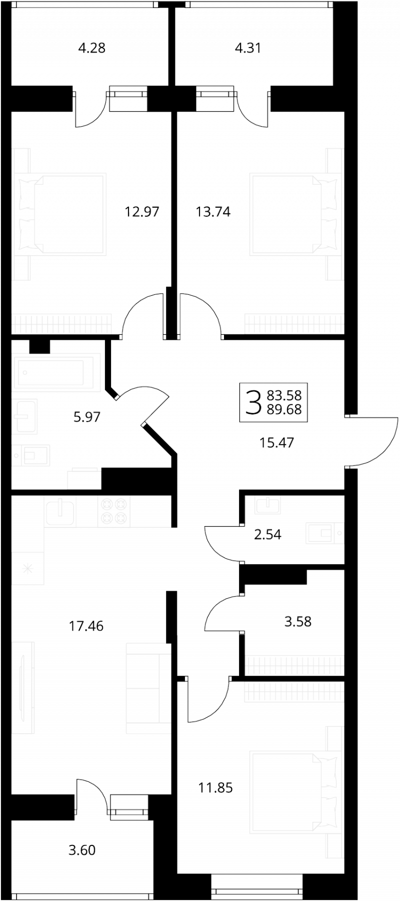 Планировка 3-комнатной квартира 89 м² — ЖК «Цветной бульвар»