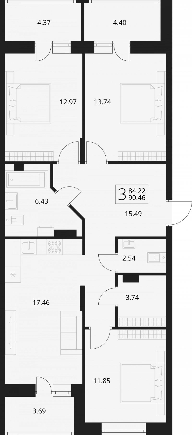 Планировка 3-комнатной квартира 89 м² — ЖК «Цветной бульвар»